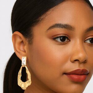 Gold Sculptural Teardrop Earrings with Baguette Crystal Post
